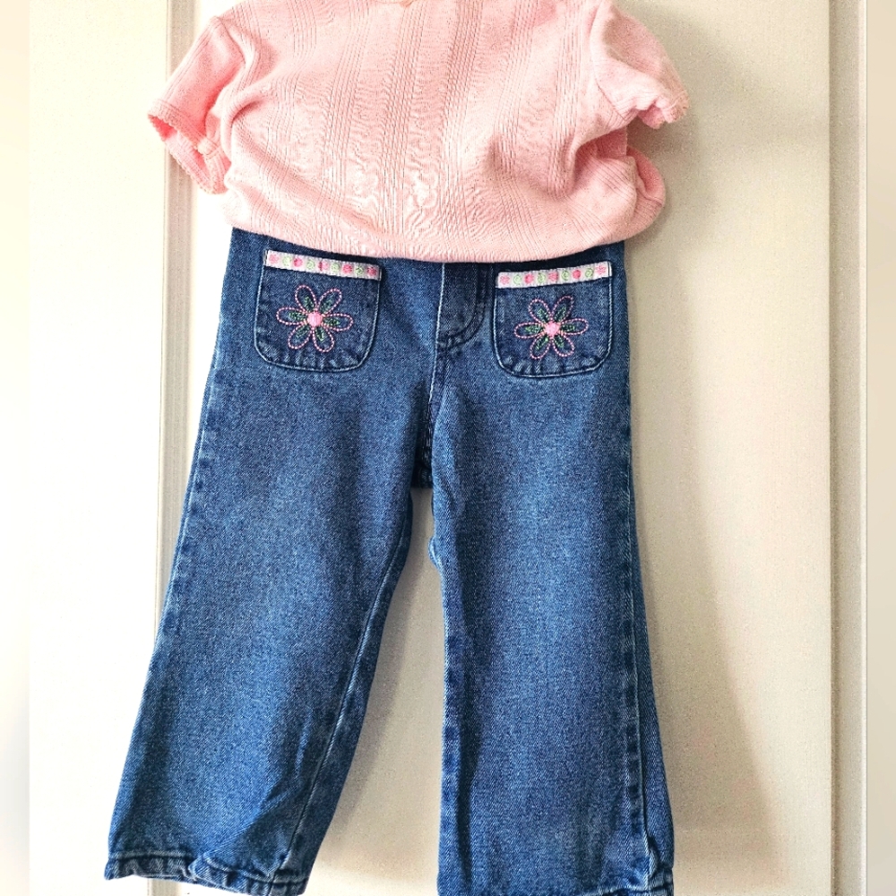 Little Legends Kids Jeans with Embroidered Pockets & Pink Onesie